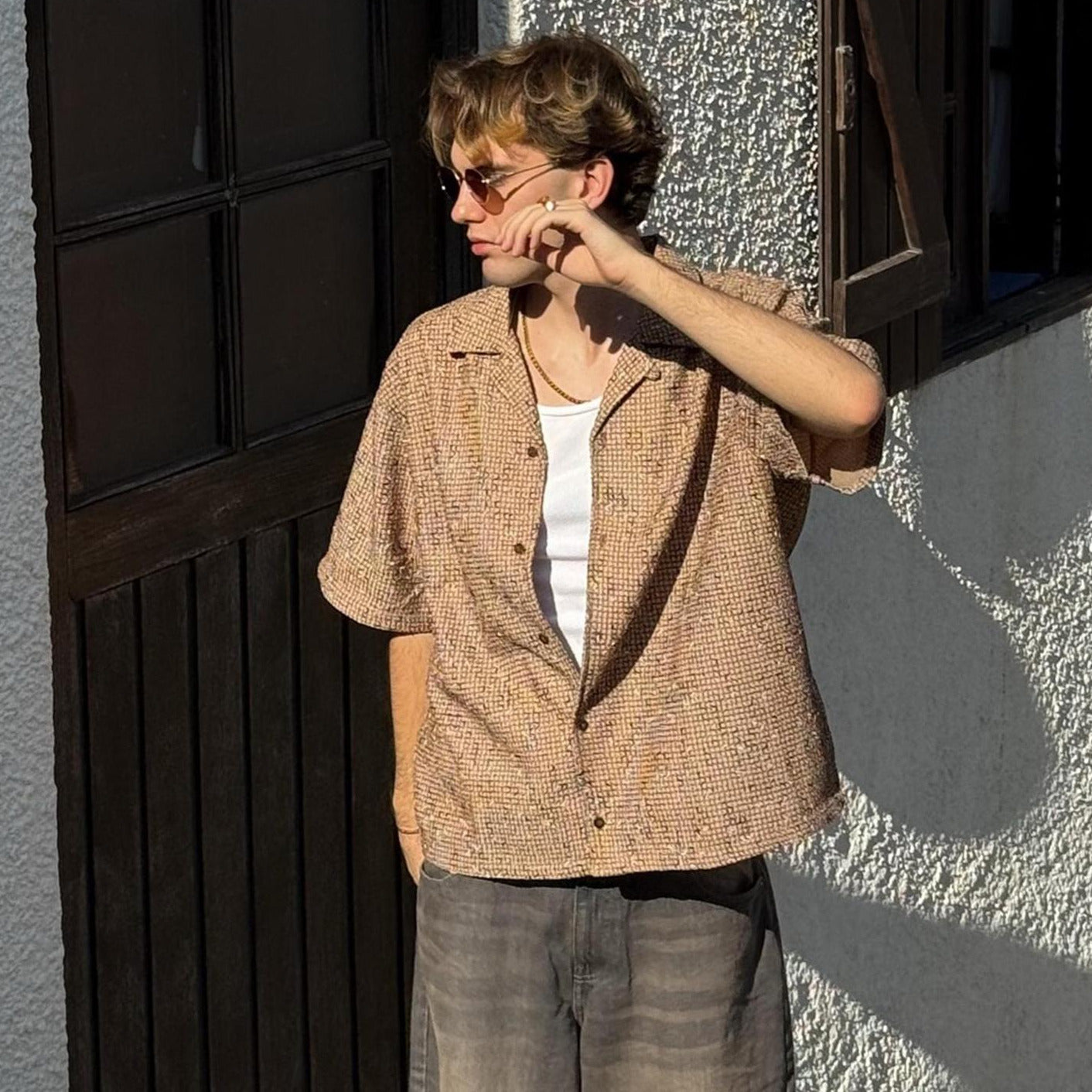 Textured boxy fit short sleeve shirt