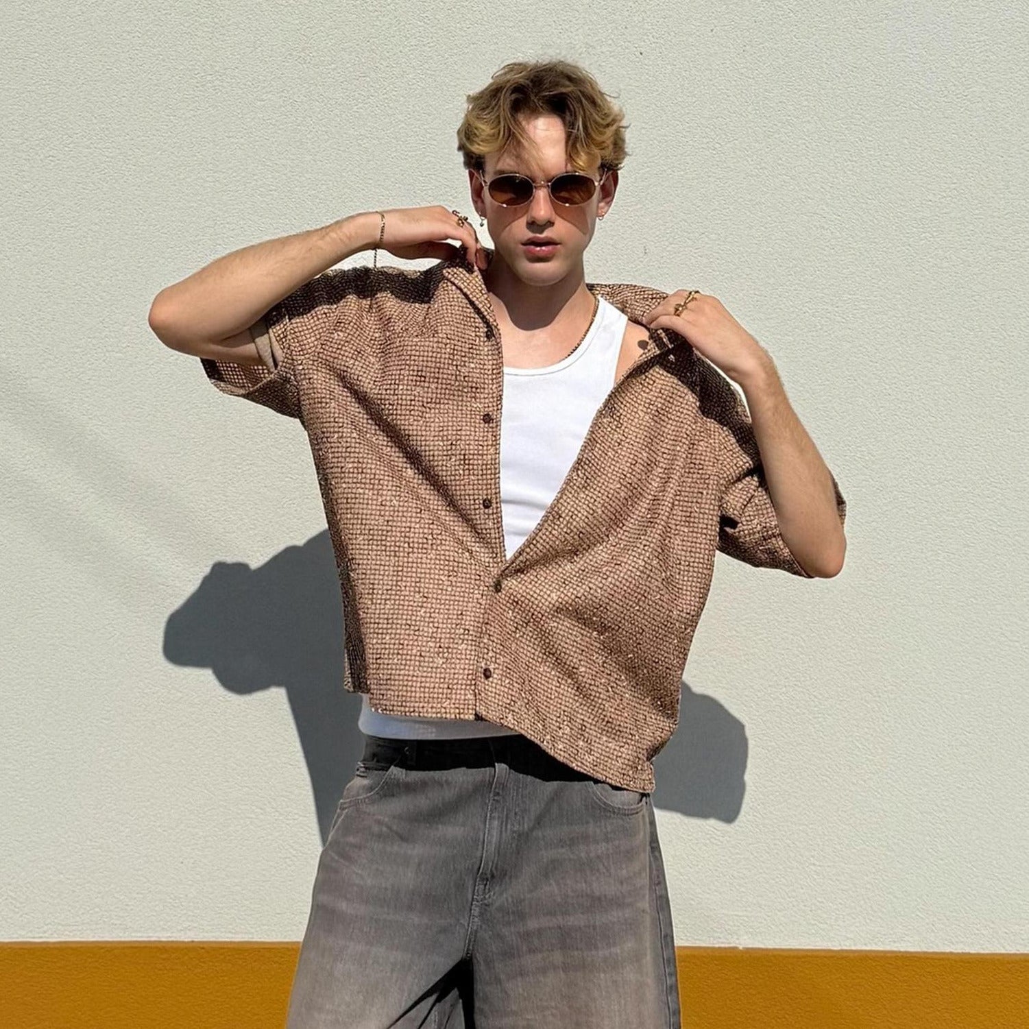 Textured boxy fit short sleeve shirt